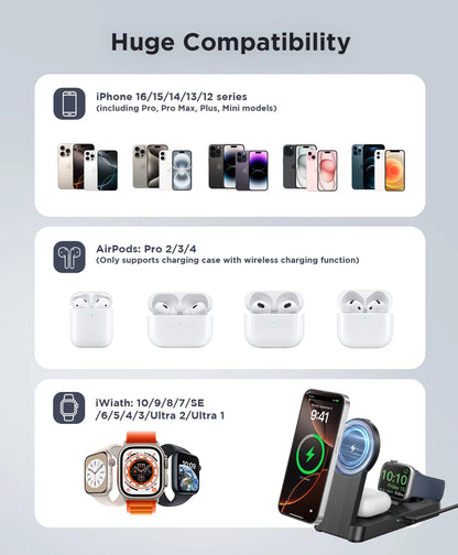 3 in 1 Magnetic Charging Station - 2026 Foldable Wireless Charger Compatible for Iphone 17/16/15/14/13/12 plus Pro Max, Portable Charger Dock for Iwatch & Airpods