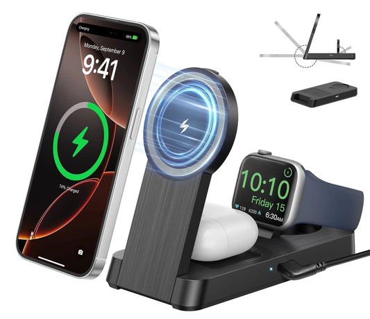 3 in 1 Magnetic Charging Station - 2026 Foldable Wireless Charger Compatible for Iphone 17/16/15/14/13/12 plus Pro Max, Portable Charger Dock for Iwatch & Airpods