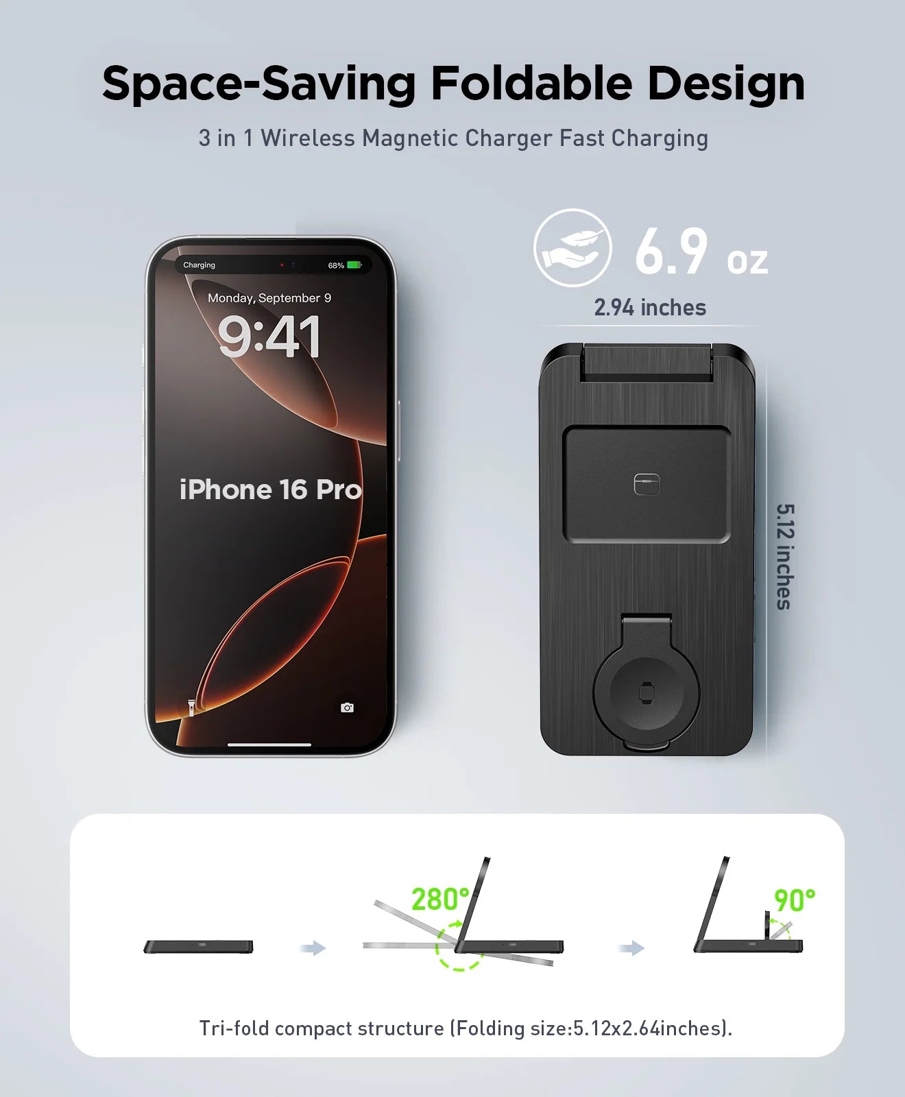 3 in 1 Magnetic Charging Station - 2026 Foldable Wireless Charger Compatible for Iphone 17/16/15/14/13/12 plus Pro Max, Portable Charger Dock for Iwatch & Airpods